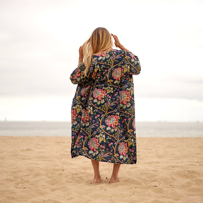 Sophisticated Blooms 100% Cotton Kaftan – Frida Kahlo-Inspired Beach Robe with Birds of Paradise Design & Adjustable Fit