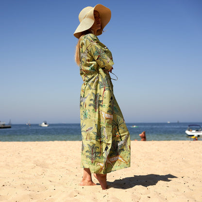 Wild at Heart 100% Cotton Kaftan – Frida Kahlo-Inspired, Bird of Paradise Hand-Screen Printed, Adjustable Fit Kimono, Robe, Lounge Wear, Limited Edition