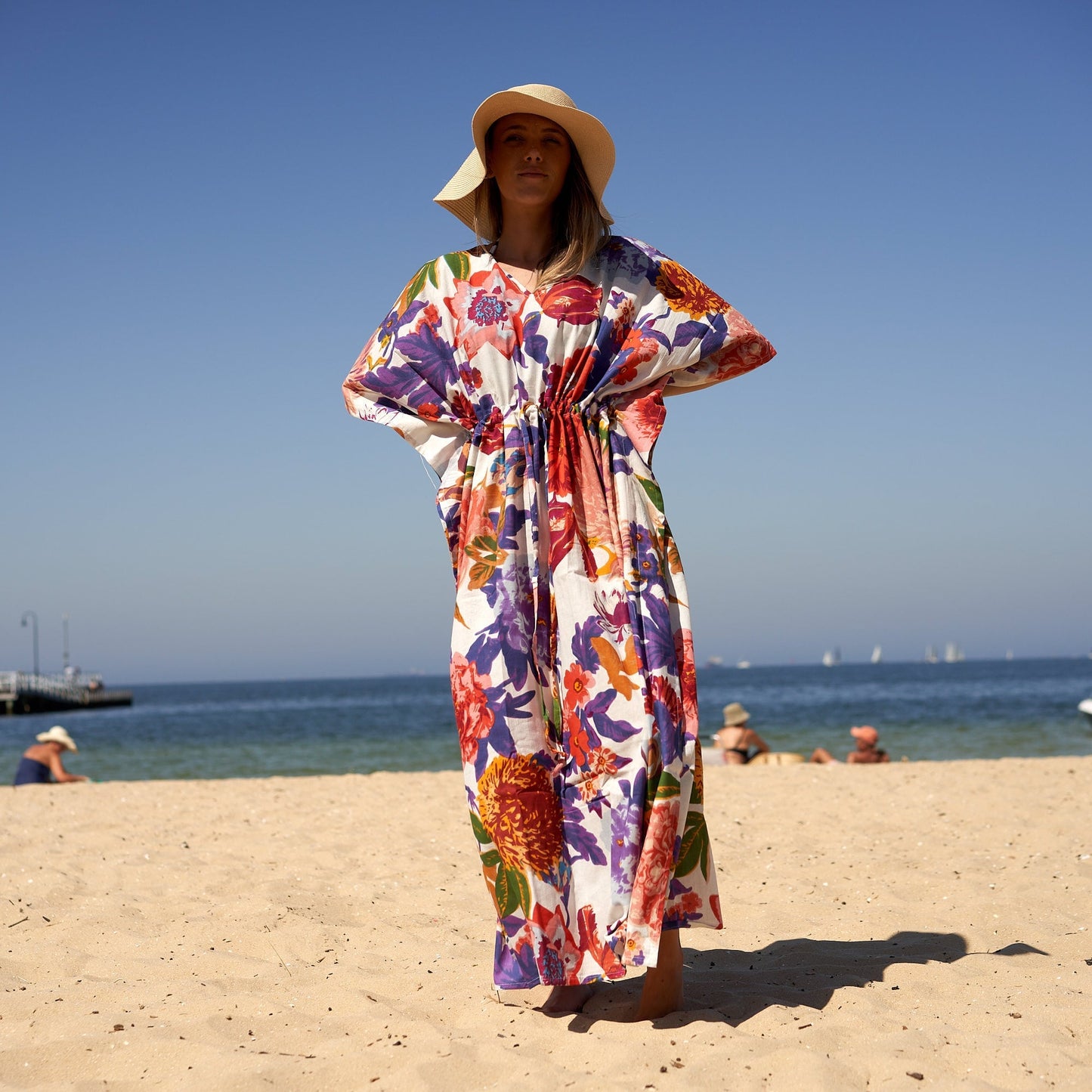 Chic Summer Blooms 100% Cotton Kaftan – Frida Kahlo-Inspired, Hand-Screen Printed, Adjustable Fit, Limited Edition