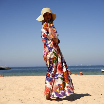 Chic Summer Blooms 100% Cotton Kaftan – Frida Kahlo-Inspired, Hand-Screen Printed, Adjustable Fit, Limited Edition