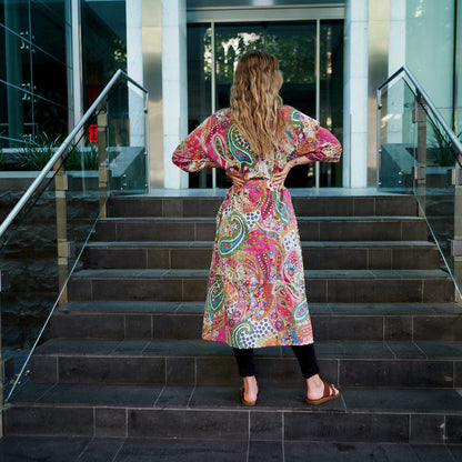 Vibrant Paisley 100% Cotton Kimono Robe – Frida Kahlo-Inspired Bird of Paradise Hand-Screen Printed Kimono, Bathrobe, Kaftan, Cardigan, Lounge Wear, Oversized Top
