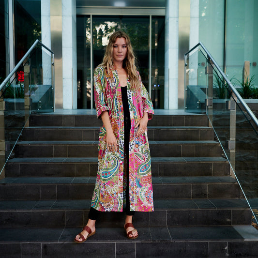 Vibrant Paisley 100% Cotton Kimono Robe – Frida Kahlo-Inspired Bird of Paradise Hand-Screen Printed Kimono, Bathrobe, Kaftan, Cardigan, Lounge Wear, Oversized Top