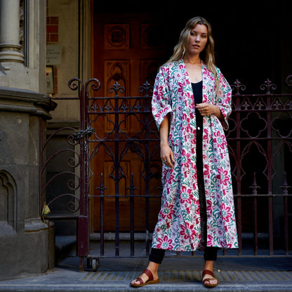 Summer Retreat 100% Cotton Kimono Robe – Frida Kahlo-Inspired, Hand-Screen Printed, Versatile