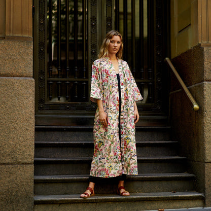 Frida’s Floral Serenade Kimono Robe – 100% Cotton, Hand-Screen Printed, Lightweight & Versatile