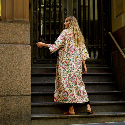 Frida’s Floral Serenade Kimono Robe – 100% Cotton, Hand-Screen Printed, Lightweight & Versatile