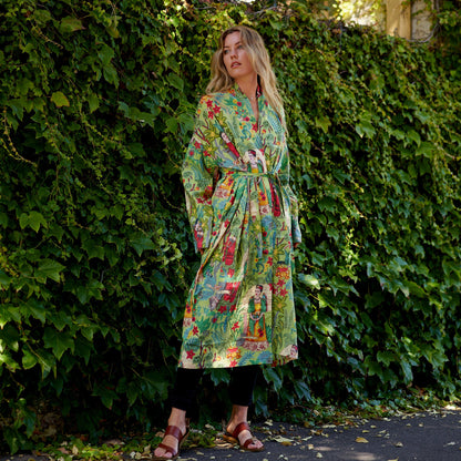 Frida’s Enchanted World Kimono Robe – 100% Cotton, Hand-Screen Printed, Lightweight & Versatile, Cozy Lounge Wear