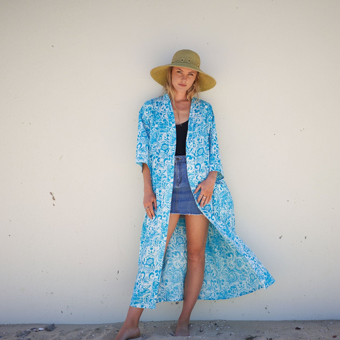 Ocean Blossoms Cotton Kimono Robe – Frida Kahlo-Inspired, Bird of Paradise Print, Versatile Multi-Way Wear