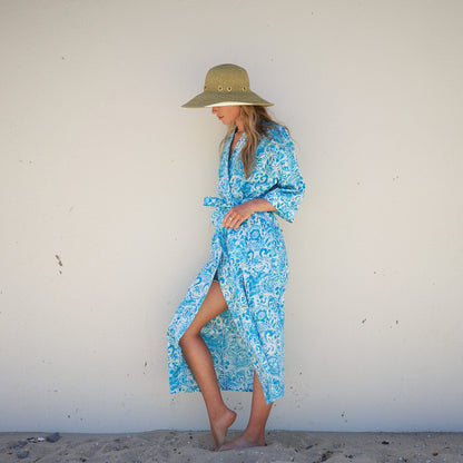 Ocean Blossoms Cotton Kimono Robe – Frida Kahlo-Inspired, Bird of Paradise Print, Versatile Multi-Way Wear