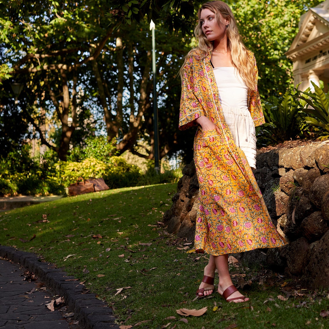Serenity in Spring 100% Cotton Kimono Robe – Frida Kahlo-Inspired, Bird of Paradise Hand-Screen Printed Design, Bathrobe, Kaftan, Lounge Wear