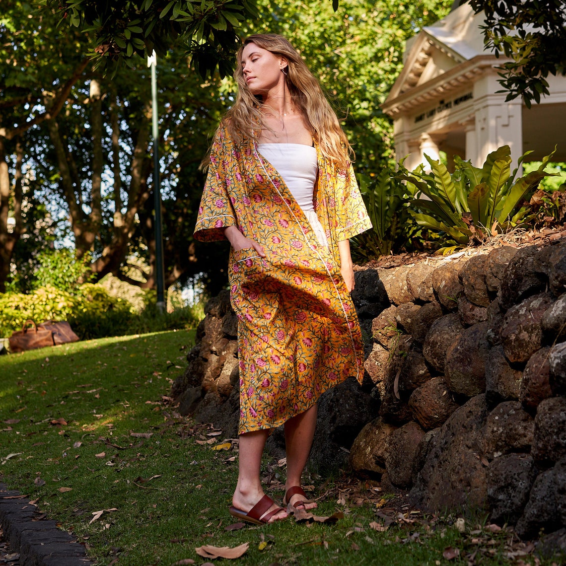 Serenity in Spring 100% Cotton Kimono Robe – Frida Kahlo-Inspired, Bird of Paradise Hand-Screen Printed Design, Bathrobe, Kaftan, Lounge Wear