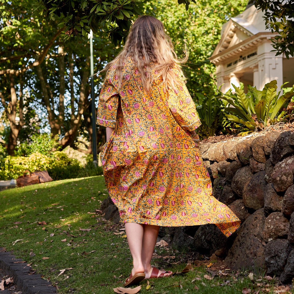 Serenity in Spring 100% Cotton Kimono Robe – Frida Kahlo-Inspired, Bird of Paradise Hand-Screen Printed Design, Bathrobe, Kaftan, Lounge Wear