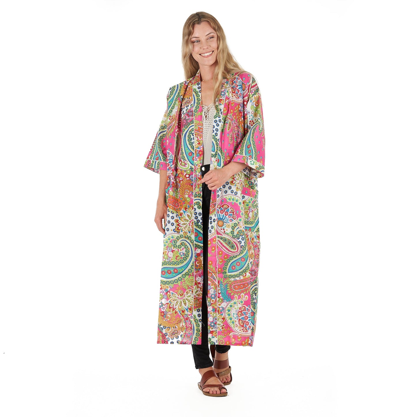 A Splash of Florals Kimono – Frida Kahlo-Inspired, Hand-Screen Printed, Bird of Paradise Print, Versatile & Lightweight