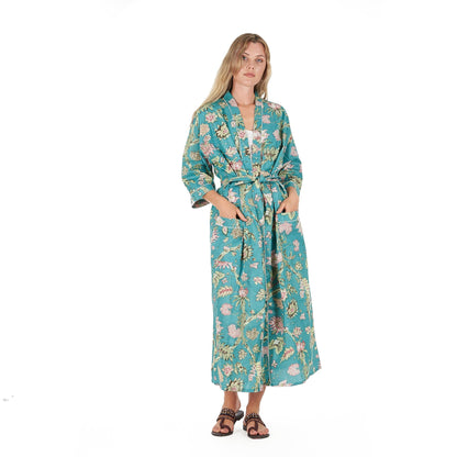 Coastal Cool Cotton Kimono Robe – Hand-Screen Printed, Soft & Versatile