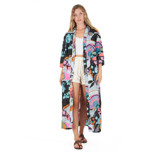 Moonlit Flora Cotton Kimono Robe – Hand-Screen Printed, Soft & Versatile