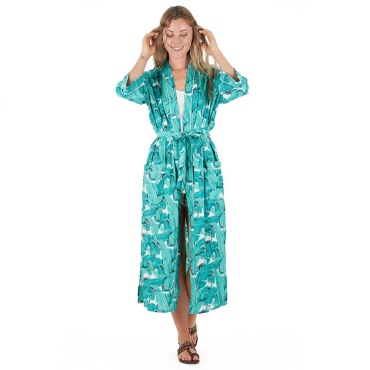 Rainforest Rhapsody Cotton Kimono Robe – Hand-Screen Printed, Soft & Versatile