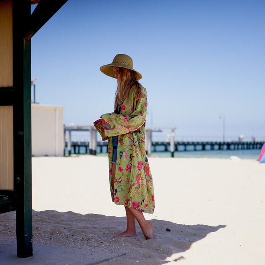 Weekend Escape Cotton Kimono Robe – Frida Kahlo-Inspired, Bird of Paradise Print, Versatile & Stylish
