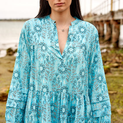 Indigo Blooms 100% Cotton Maxi Dress – Hand-Screen Printed Boho Floral Design, S/M & L/XL, Ideal Beach & Casual Dress, Timeless & Elegant