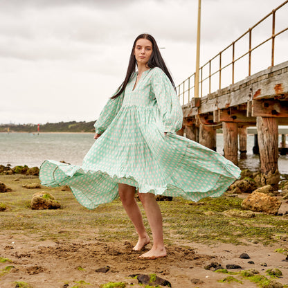 Mint Melange 100% Cotton Maxi Dress – Hand-Screen Printed Floral Design, S/M & L/XL, Comfortable & Timeless for All Seasons