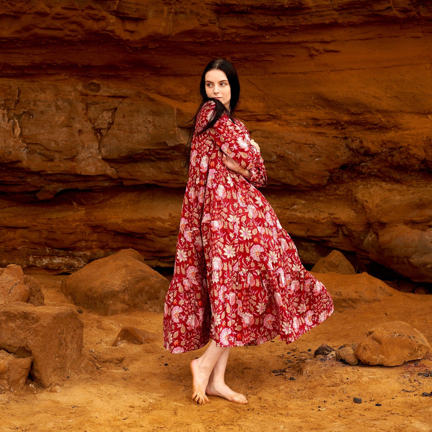 Fiery Blossoms 100% Cotton Maxi Dress – Boho Floral Design, Hand-Screen Printed, Available in S/M & L/XL, Timeless Beach & Casual Dress
