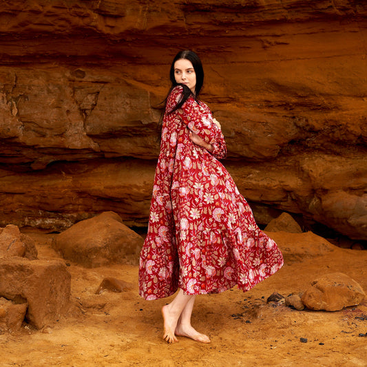 Fiery Blossoms 100% Cotton Maxi Dress – Boho Floral Design, Hand-Screen Printed, Available in S/M & L/XL, Timeless Beach & Casual Dress