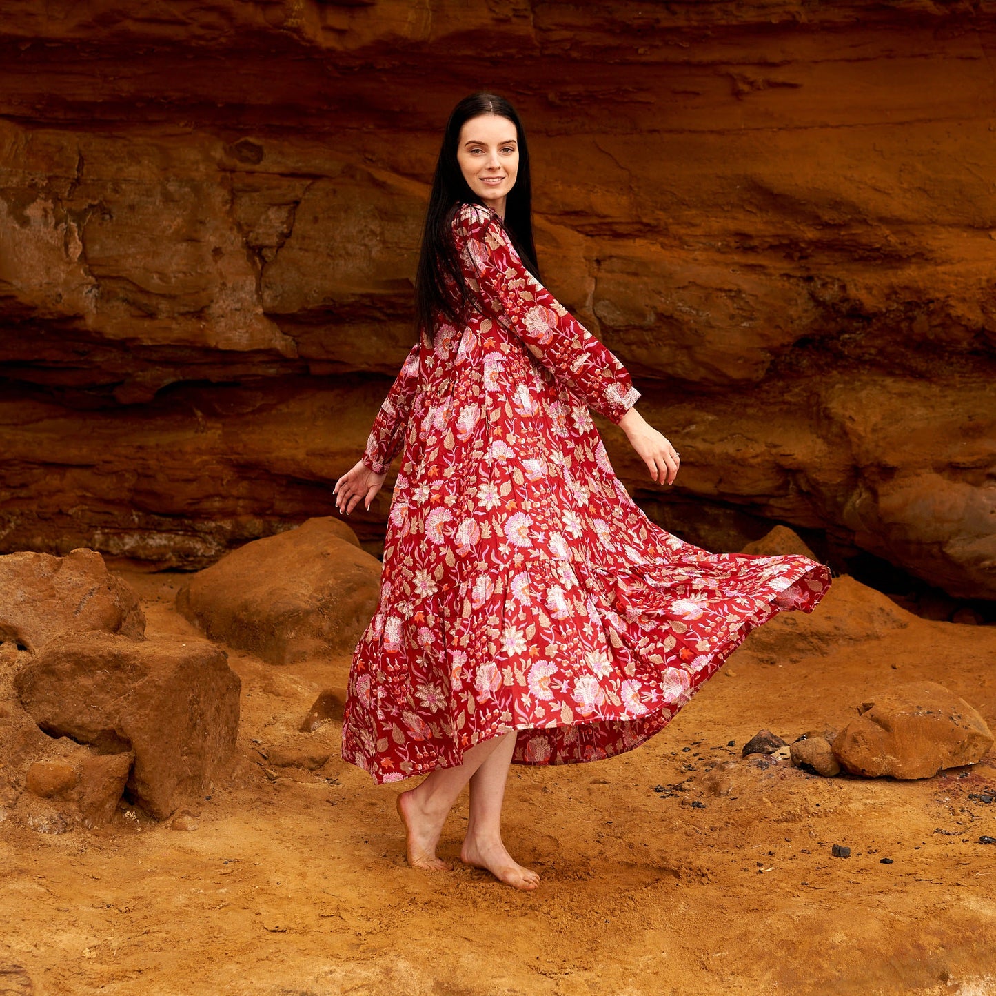 Fiery Blossoms 100% Cotton Maxi Dress – Boho Floral Design, Hand-Screen Printed, Available in S/M & L/XL, Timeless Beach & Casual Dress