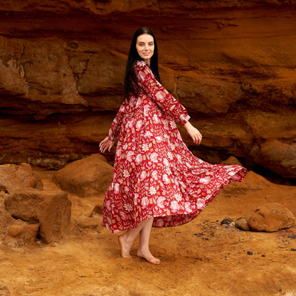 Fiery Blossoms 100% Cotton Maxi Dress – Boho Floral Design, Hand-Screen Printed, Available in S/M & L/XL, Timeless Beach & Casual Dress