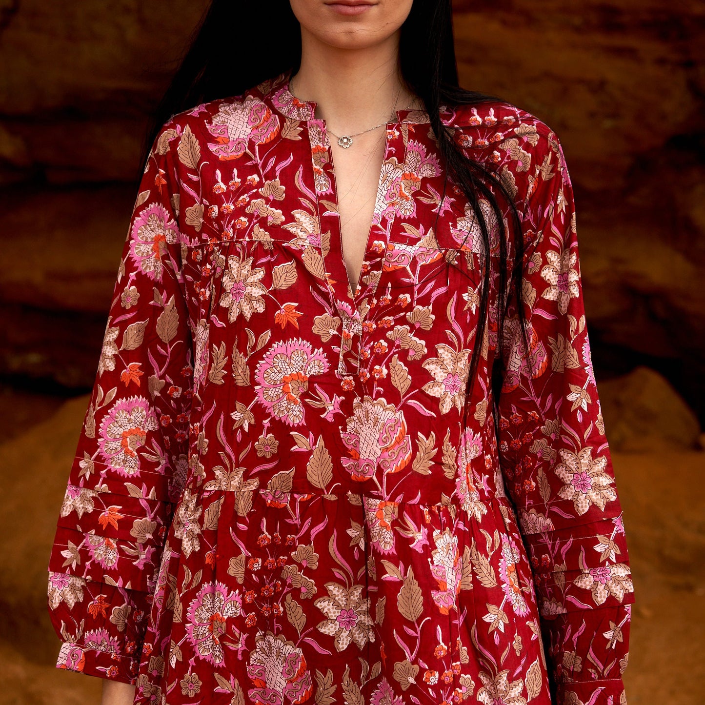 Fiery Blossoms 100% Cotton Maxi Dress – Boho Floral Design, Hand-Screen Printed, Available in S/M & L/XL, Timeless Beach & Casual Dress