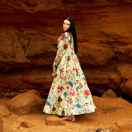 Floral Fusion 100% Cotton Maxi Dress – Hand-Screen Printed Boho Floral Design, S/M & L/XL, Comfortable & Versatile for Beach & Evening Wear