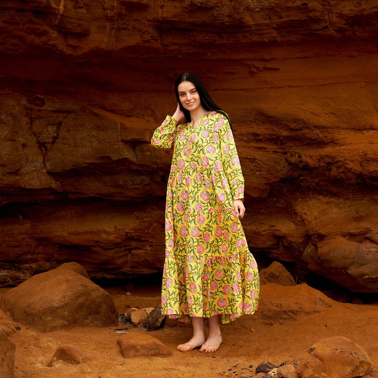 Sun Goddess 100% Cotton Maxi Dress – Hand-Screen Printed Boho Floral Design, S/M & L/XL, Comfortable & Versatile for Beach or Evening Wear