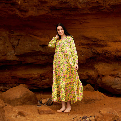 Sun Goddess 100% Cotton Maxi Dress – Hand-Screen Printed Boho Floral Design, S/M & L/XL, Comfortable & Versatile for Beach or Evening Wear
