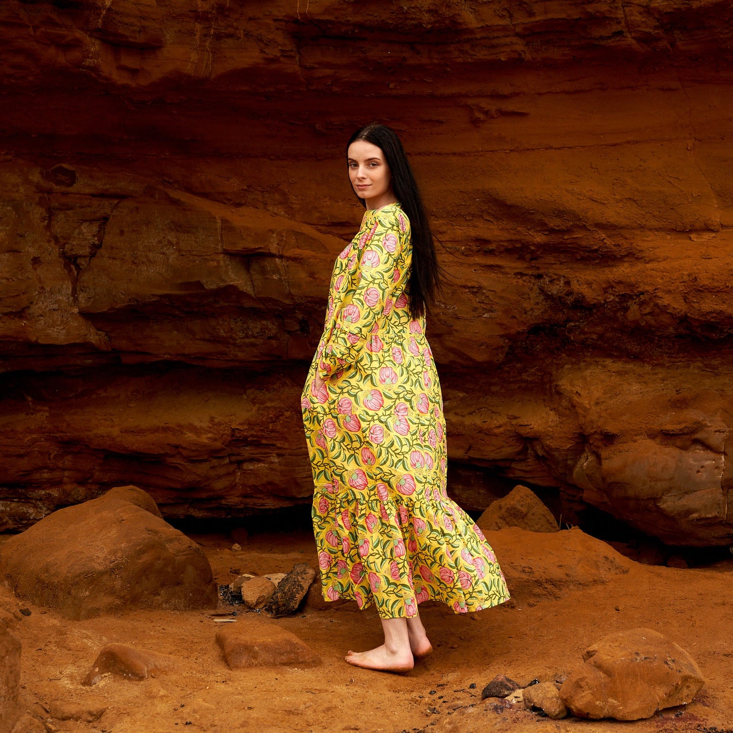 Sun Goddess 100% Cotton Maxi Dress – Hand-Screen Printed Boho Floral Design, S/M & L/XL, Comfortable & Versatile for Beach or Evening Wear