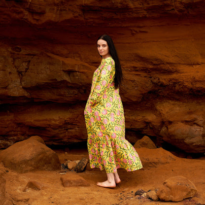 Sun Goddess 100% Cotton Maxi Dress – Hand-Screen Printed Boho Floral Design, S/M & L/XL, Comfortable & Versatile for Beach or Evening Wear