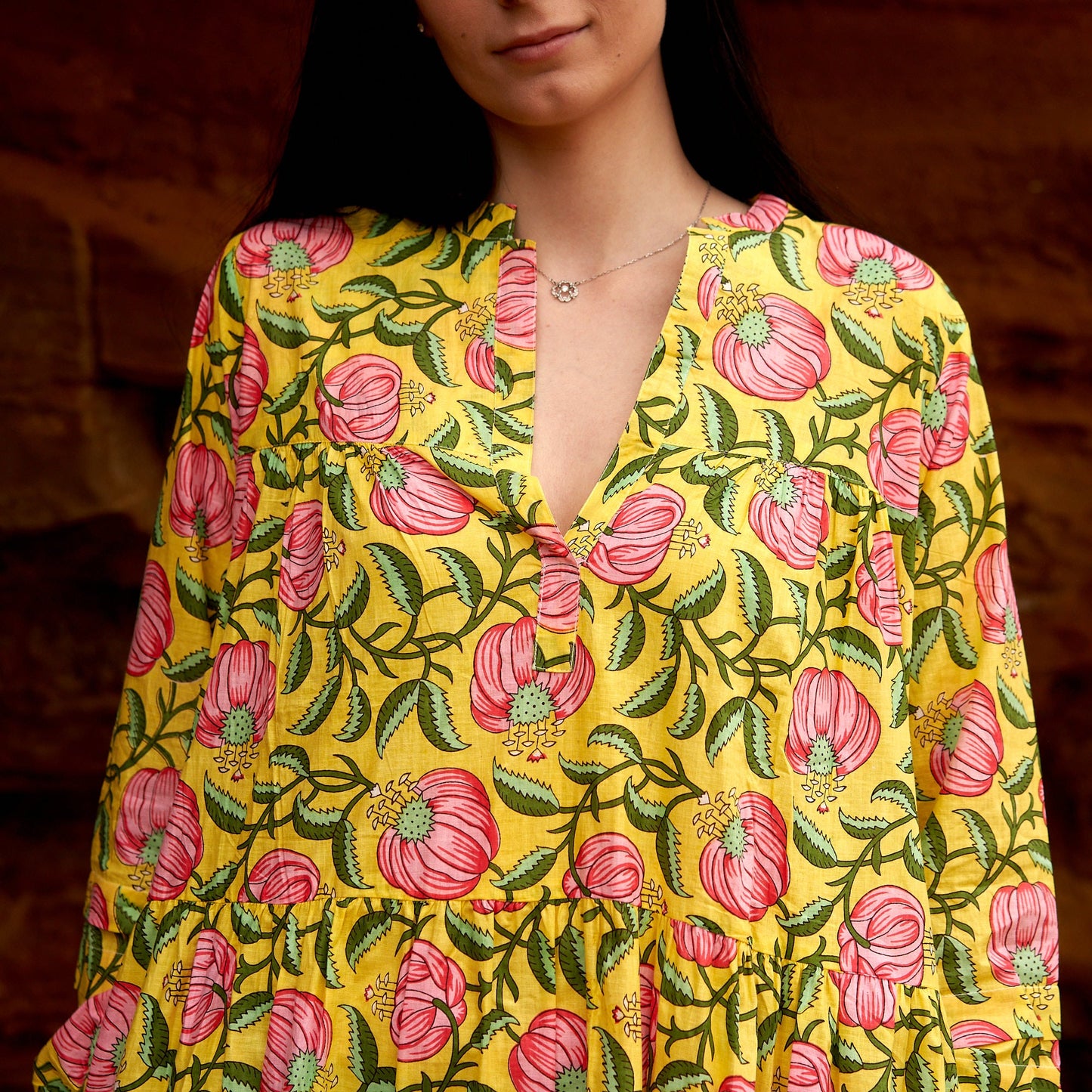Sun Goddess 100% Cotton Maxi Dress – Hand-Screen Printed Boho Floral Design, S/M & L/XL, Comfortable & Versatile for Beach or Evening Wear
