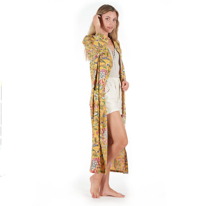 Mustard Mystique Cotton Kimono – Frida Kahlo-Inspired, Hand-Printed, Lightweight & Versatile