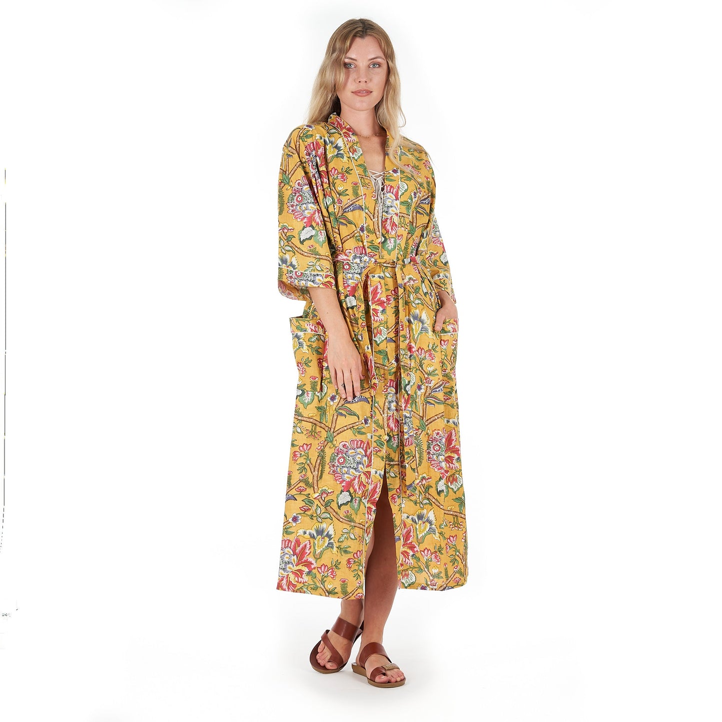 Mustard Mystique Cotton Kimono – Frida Kahlo-Inspired, Hand-Printed, Lightweight & Versatile