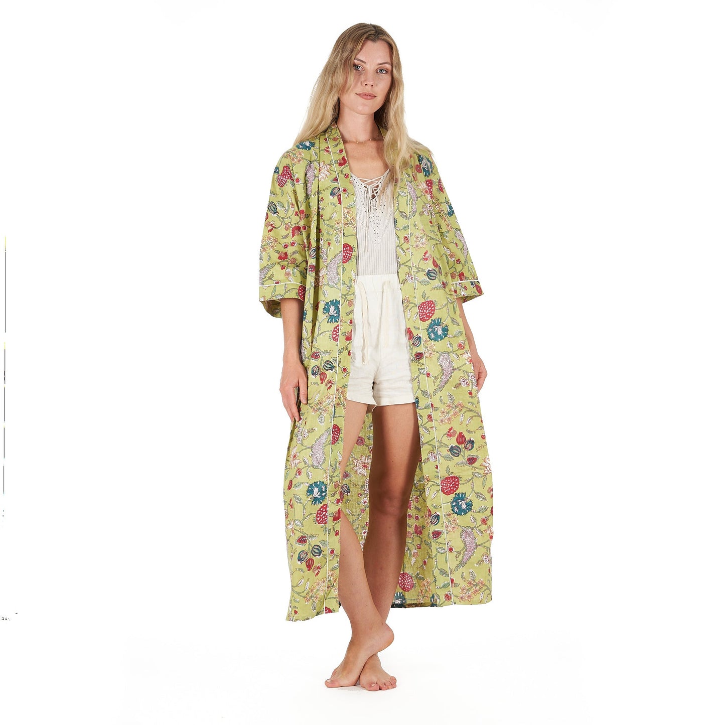 Spring Bliss Cotton Kimono Robe – Frida Kahlo-Inspired, Bird of Paradise Print, Versatile & Comfortable Kaftan