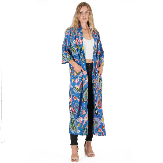Bold Blue Florals Cotton Kimono Robe – Frida Kahlo-Inspired, Hand-Screen Printed Bird of Paradise, Versatile Lounge Wear