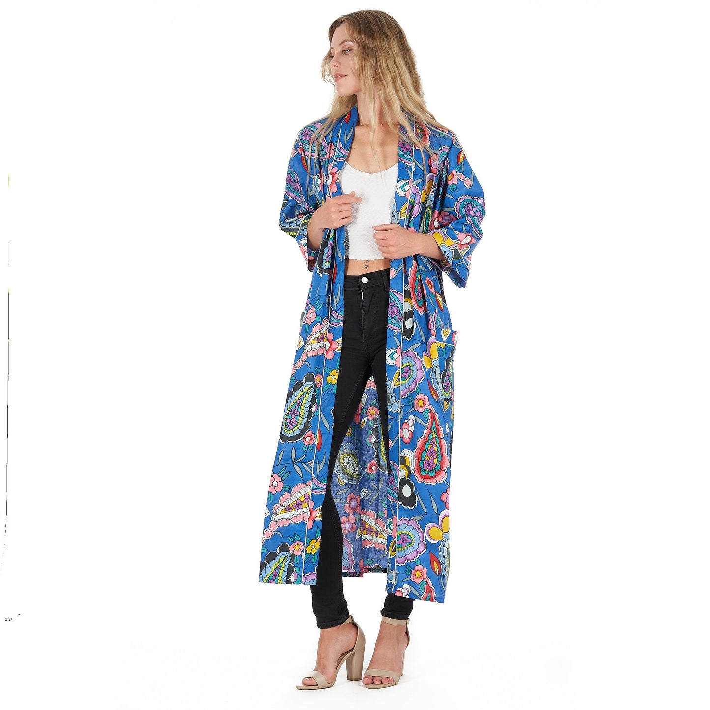 Bold Blue Florals Cotton Kimono Robe – Frida Kahlo-Inspired, Hand-Screen Printed Bird of Paradise, Versatile Lounge Wear