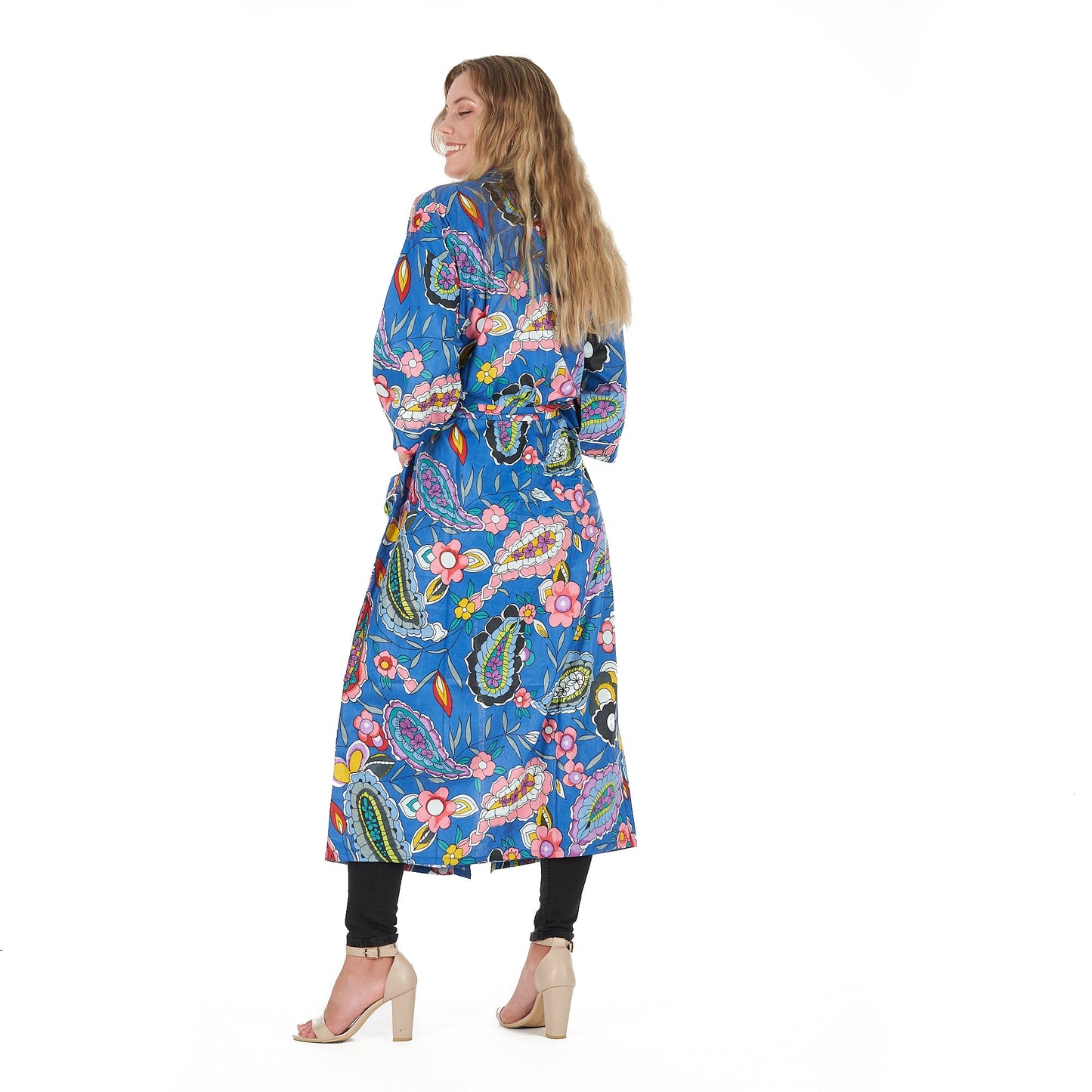 Bold Blue Florals Cotton Kimono Robe – Frida Kahlo-Inspired, Hand-Screen Printed Bird of Paradise, Versatile Lounge Wear