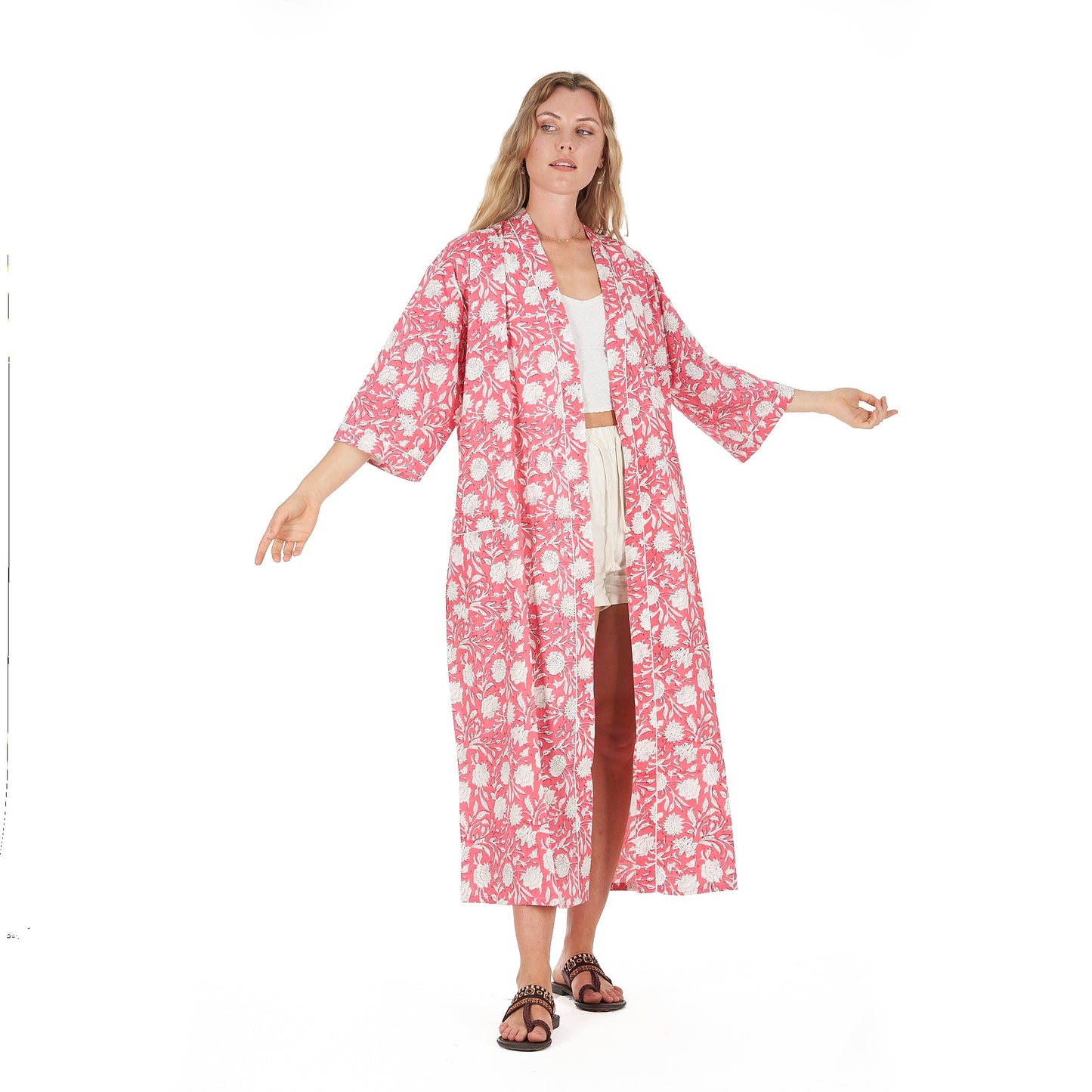 White Blossom Bliss Kimono Robe – Frida Kahlo Inspired, Cotton, Handcrafted & Versatile