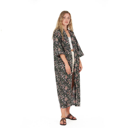 Noir Oasis Kimono Robe – Hand Screen Printed Cotton, Versatile & Stylish