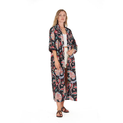 Midnight Mystique Kimono Robe – Hand Screen Printed Cotton, Stylish & Versatile