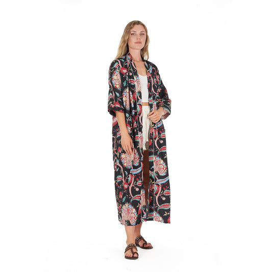 Midnight Mystique Kimono Robe – Hand Screen Printed Cotton, Stylish & Versatile
