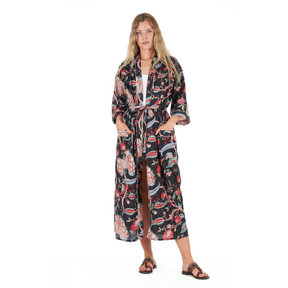 Midnight Mystique Kimono Robe – Hand Screen Printed Cotton, Stylish & Versatile