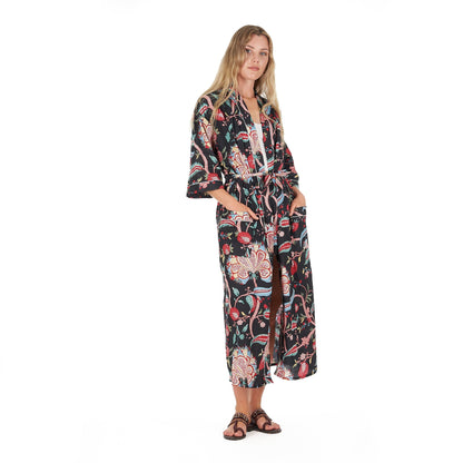 Midnight Mystique Kimono Robe – Hand Screen Printed Cotton, Stylish & Versatile