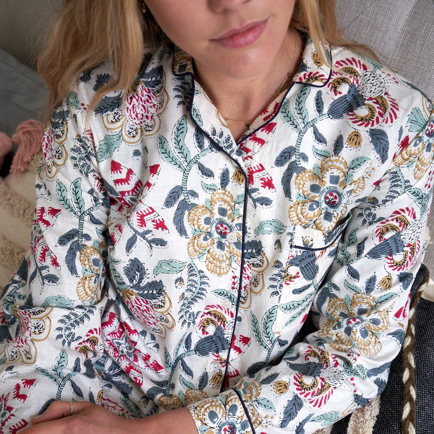 Enchanted Blossoms Bridal Pajama Set – Cotton, Hand-Printed, Soft & Cozy Sleepwear