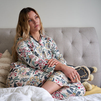 Enchanted Blossoms Bridal Pajama Set – Cotton, Hand-Printed, Soft & Cozy Sleepwear