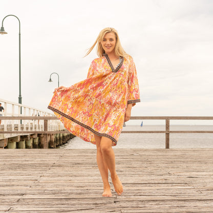 Boho Sunrise Women’s Cotton Midi Dress - Vintage Style, Relaxed Fit (One Size)