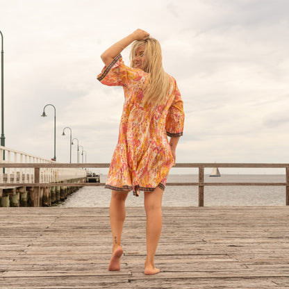 Boho Sunrise Women’s Cotton Midi Dress - Vintage Style, Relaxed Fit (One Size)