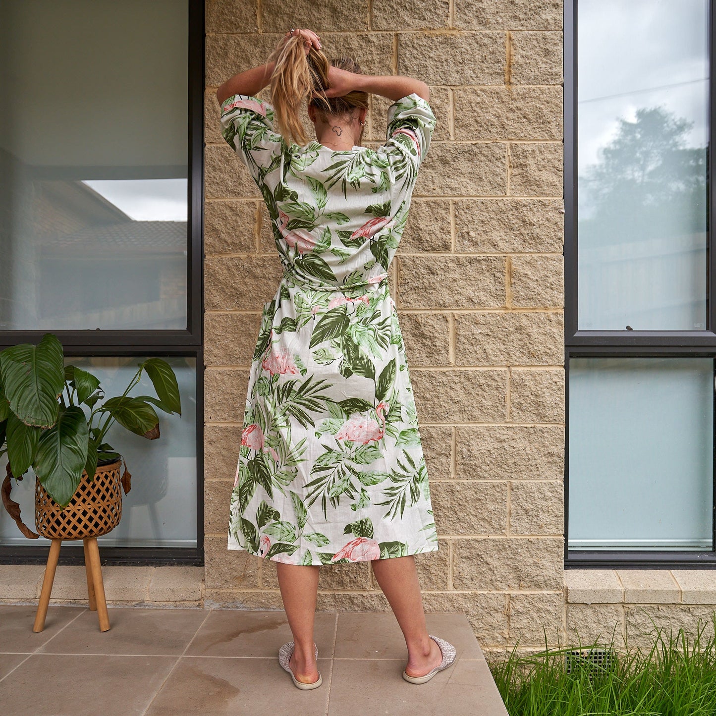 Flamingo Fantasy 100% Cotton Kimono Robe – Handmade Block Print Beachwear, Swimsuit Cover-up, Scarf, Shawl, and Versatile Beach Skirt